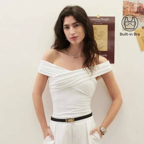 Criss Cross Off Shoulder New Airy Brami Top - Pure White - Picture 1 of 7